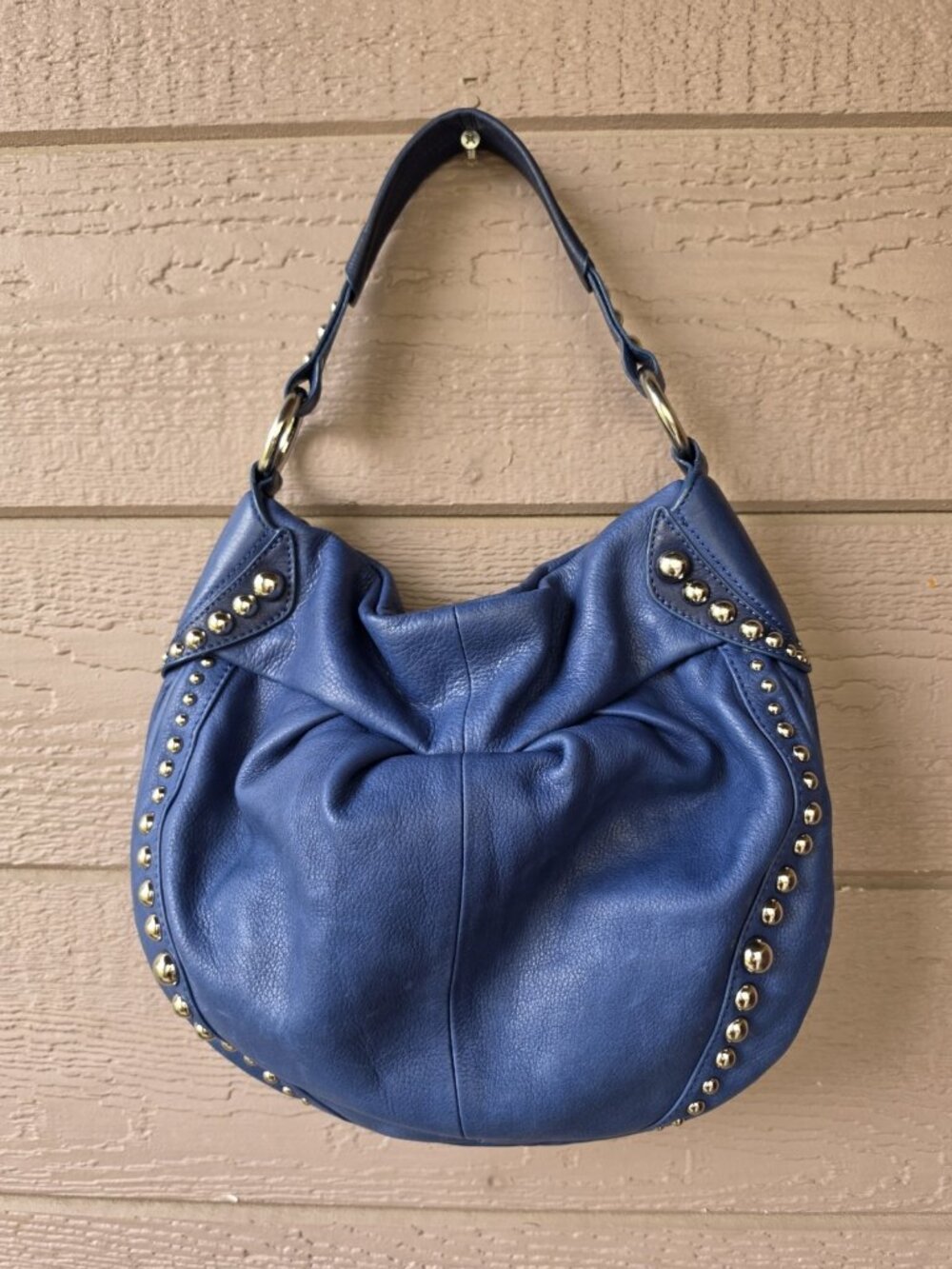 B. Makowsky Women's Blue Pebbled Leather Studded Hobo Shoulder Bag Purse